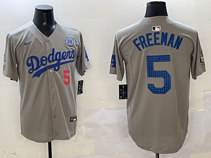 Men Los Angeles Dodgers 5 Freeman Grey Blue Fashion Game 2025 Nike MLB Jersey style 326